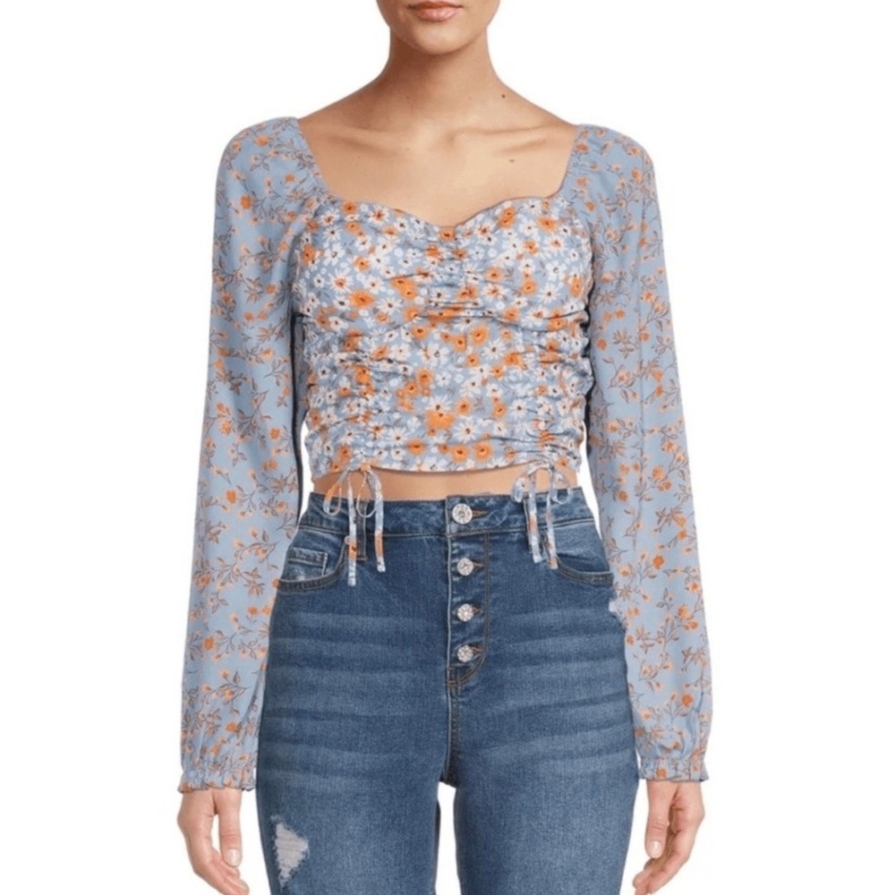 Madden NYC Women XXL Blue Floral Long Sleeve Smocked Back Crop Top‎ Sweetheart